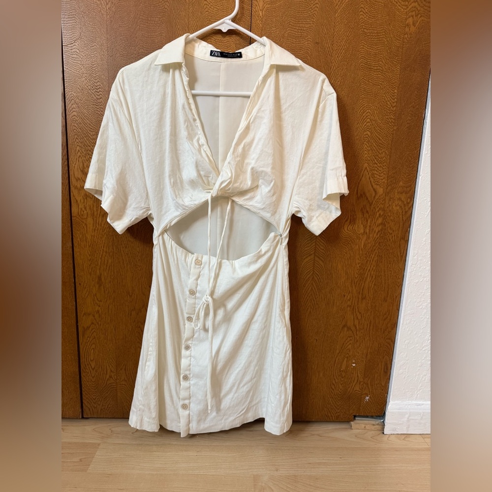 Zara Cream Cut-Out Linen Blend Mini Summer Dress